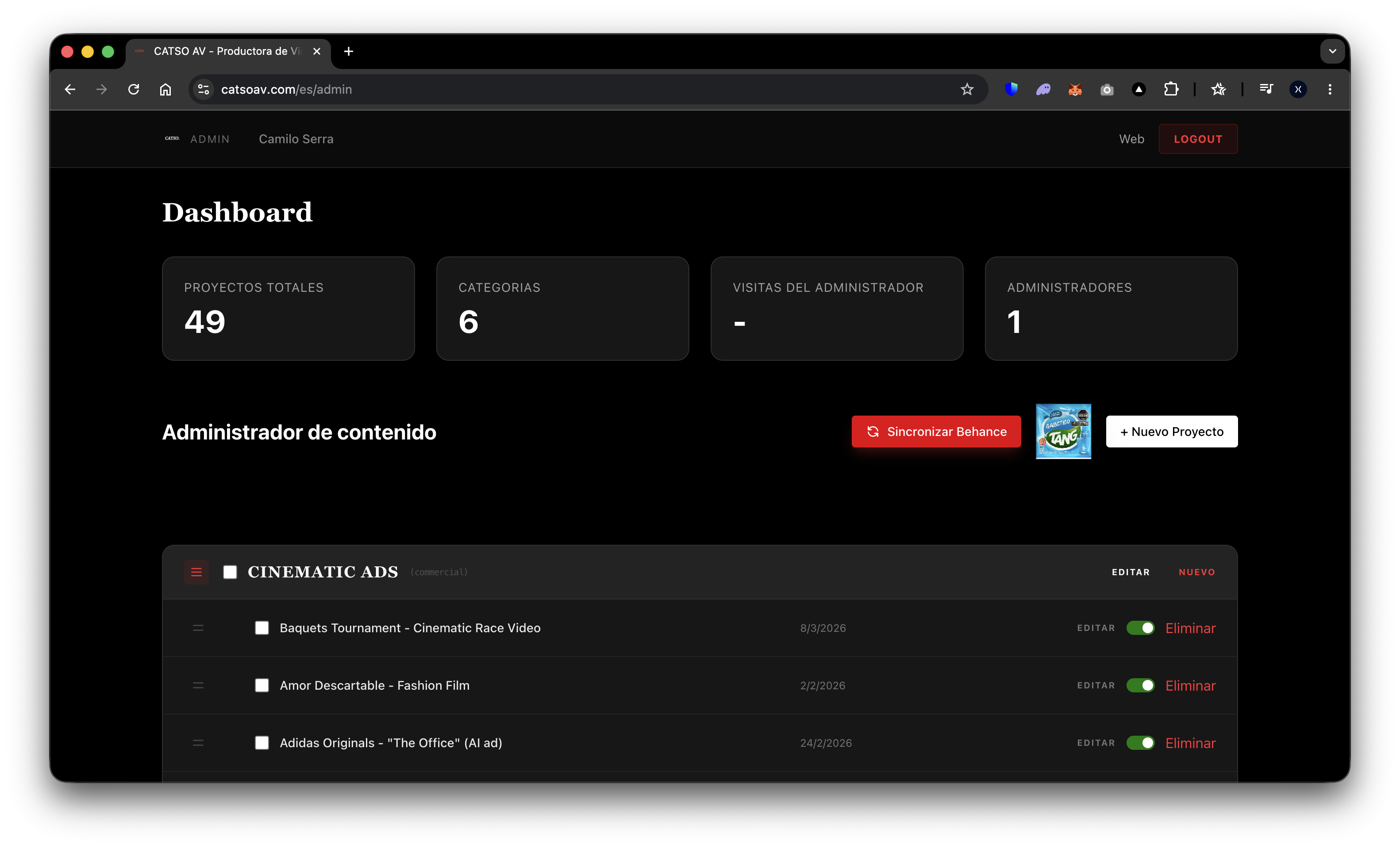 Panel de administración de Catso AV con sincronización a Behance desarrollado por Vaxler Software