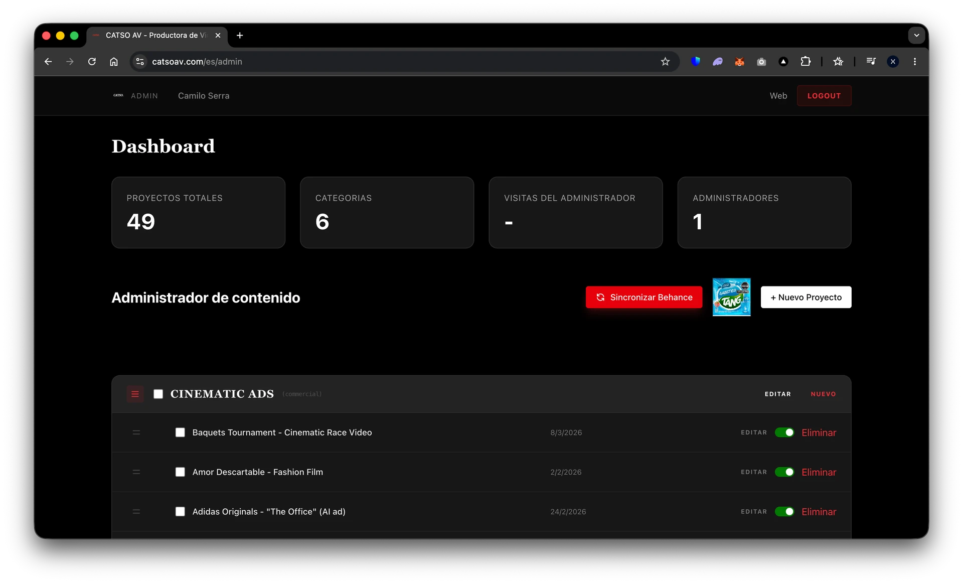 Panel autogestionable Catso AV - Vaxler Panel de administración de Catso AV con sincronización a Behance desarrollado por Vaxler Software