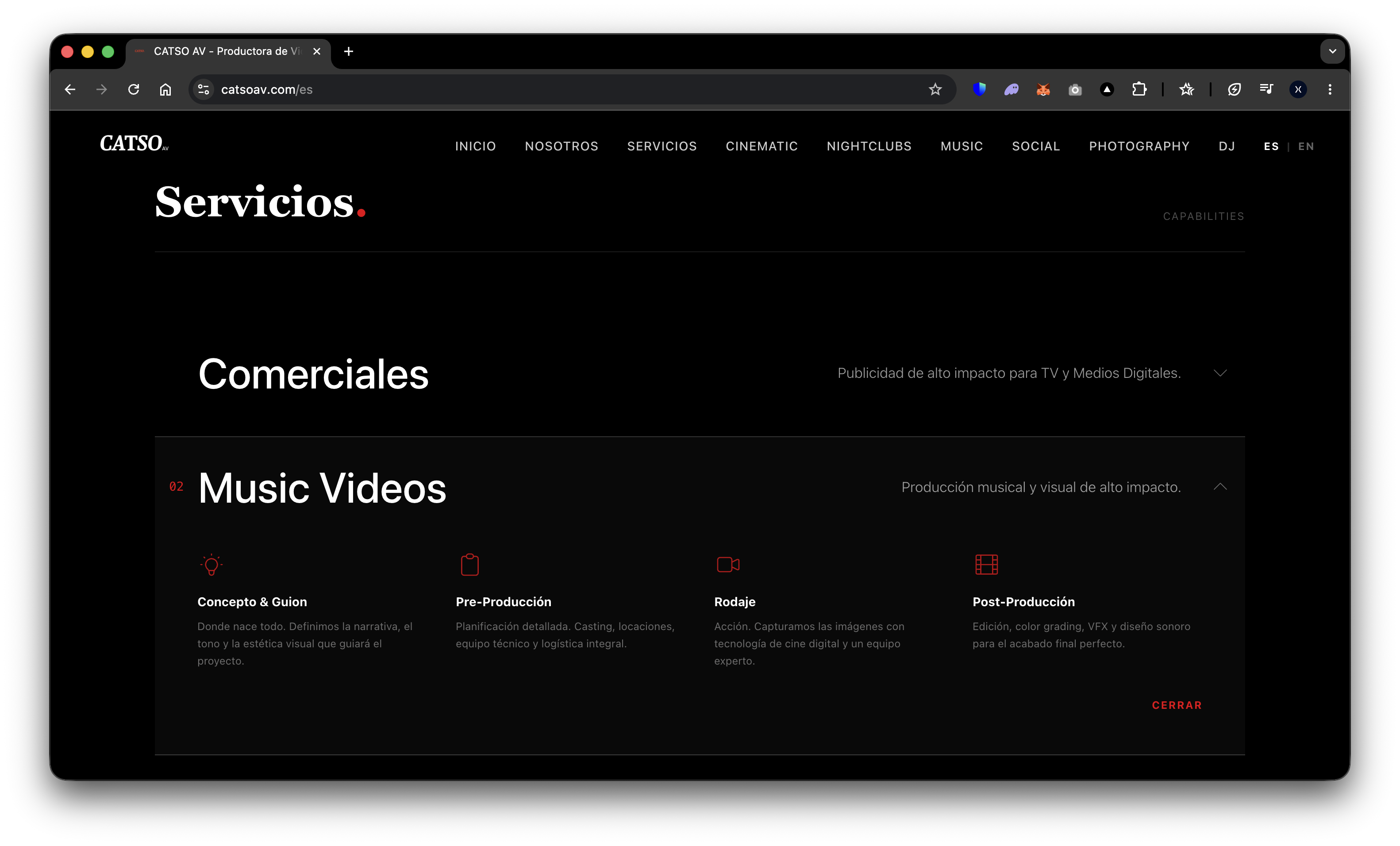 Servicios desplegables, sin scroll infinito. - Diseño y desarrollo web por Vaxler Software para Catso AV