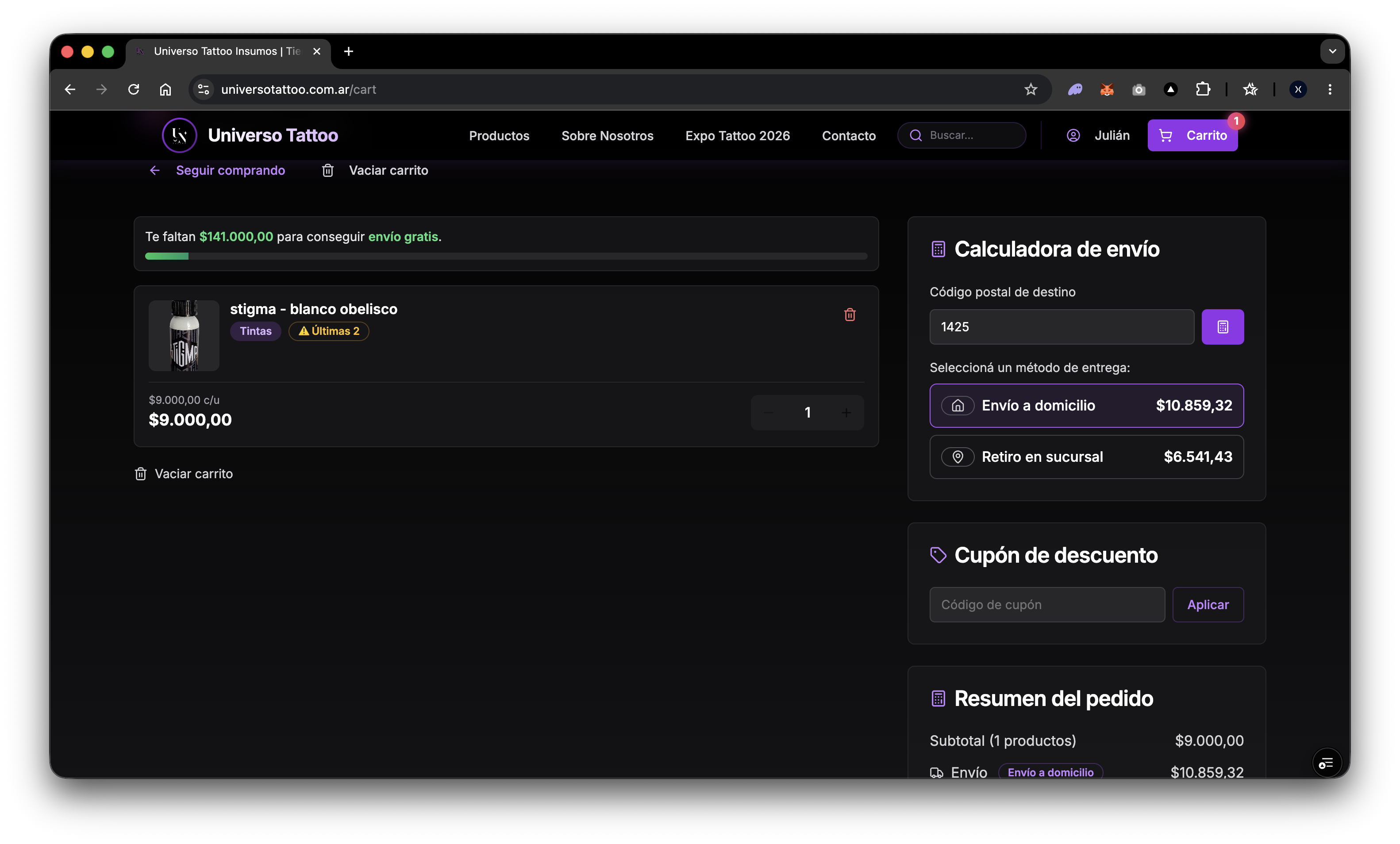 Checkout con OCA y cupones.