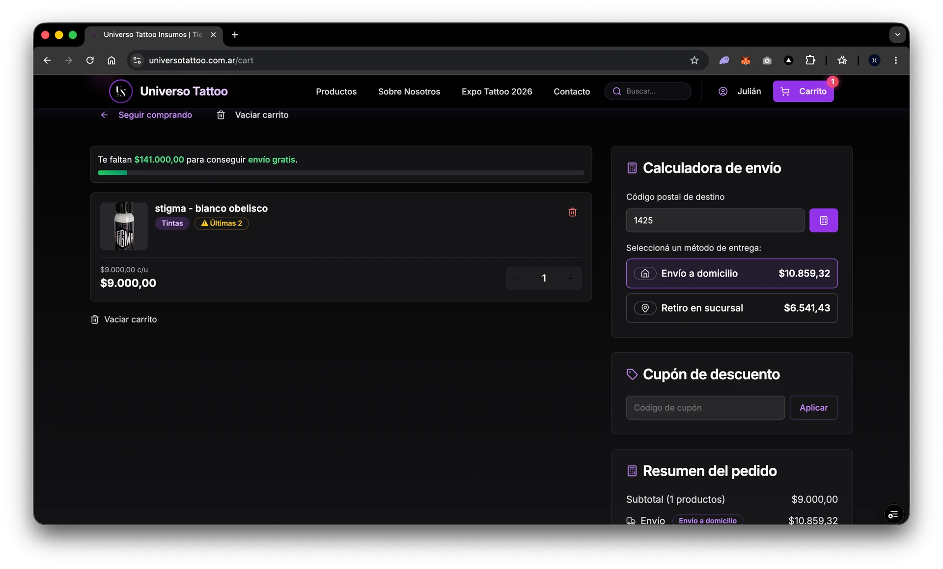Checkout con OCA y cupones.