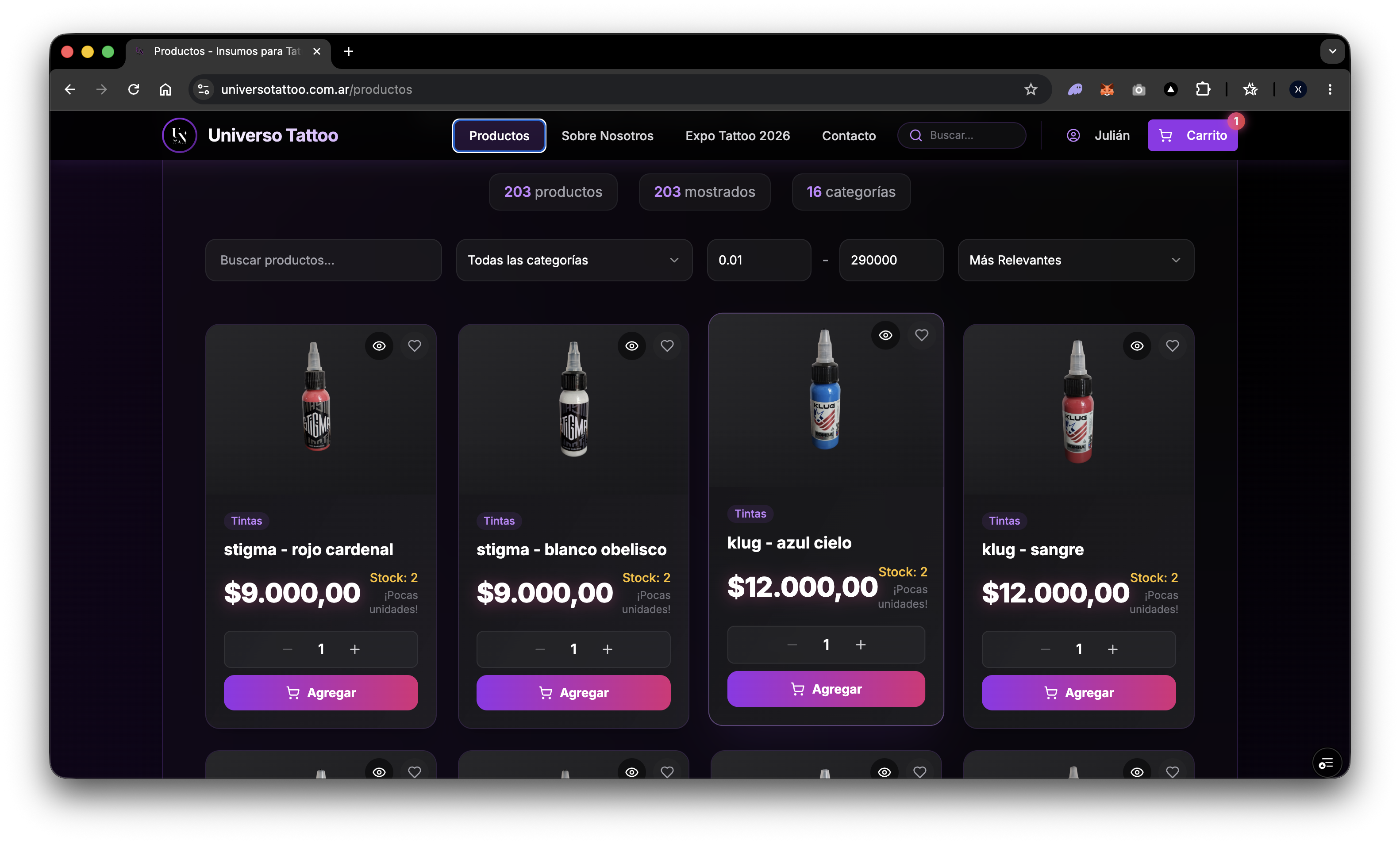 Catálogo con stock real-time.