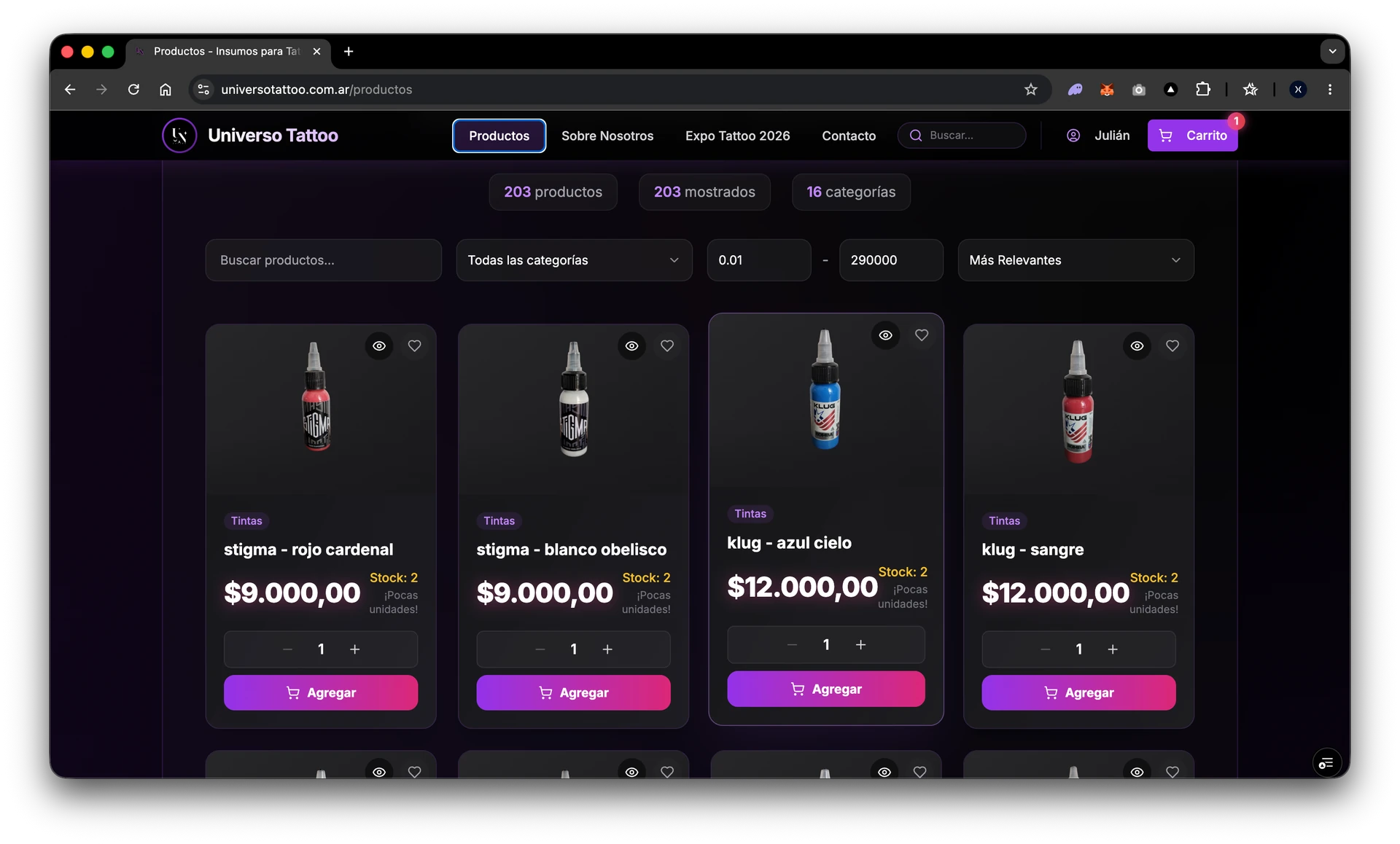 Catálogo con stock real-time.